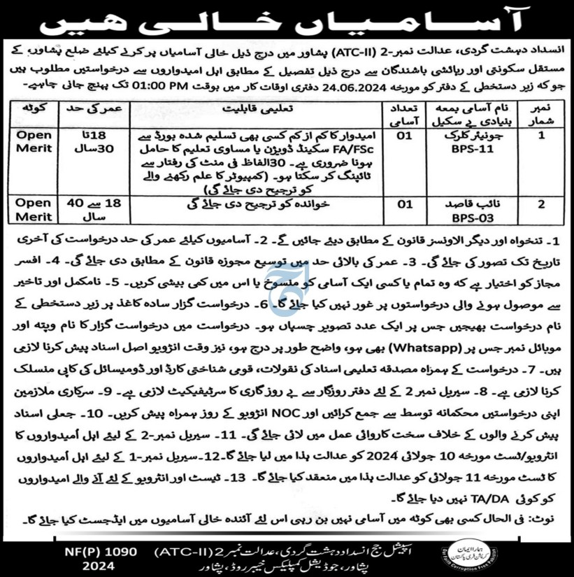 Counter Terrosim Court No 2 District Peshawar Jobs 2024 – National Counter Terrorism Authority NACTA Jobs 2024 — original advertisement