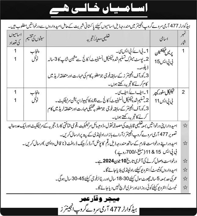 Head Quater 4 77 Army Survay Group Engineer Jobs 2024 – Pakistan Army Jobs 2024 — original advertisement