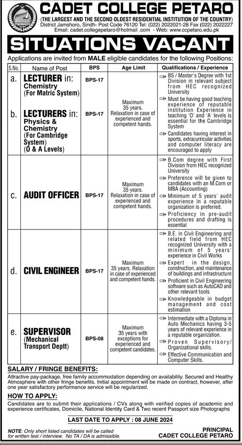 Cadet College Petaro Sindh Jobs 2024 Jobs 2024 — original advertisement