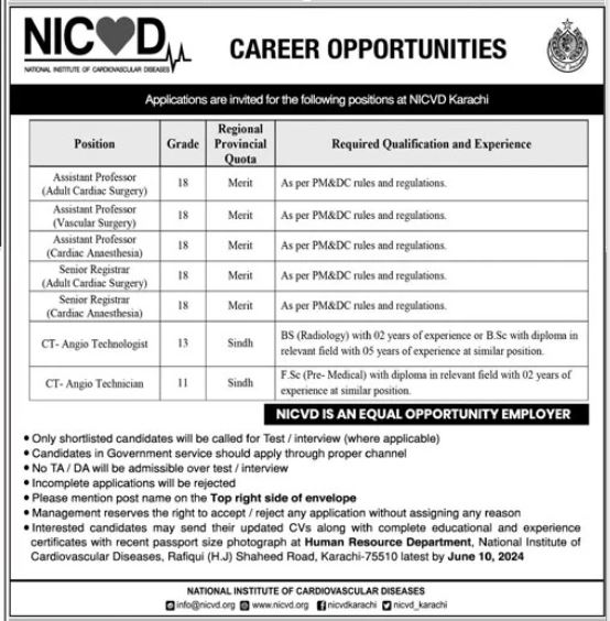 National Institute Of Cardiovascular Diseases Karachi Jobs – National Institute of Cardiovascular Diseases (NICVD) Sindh Karachi Jobs 2024 — original advertisement