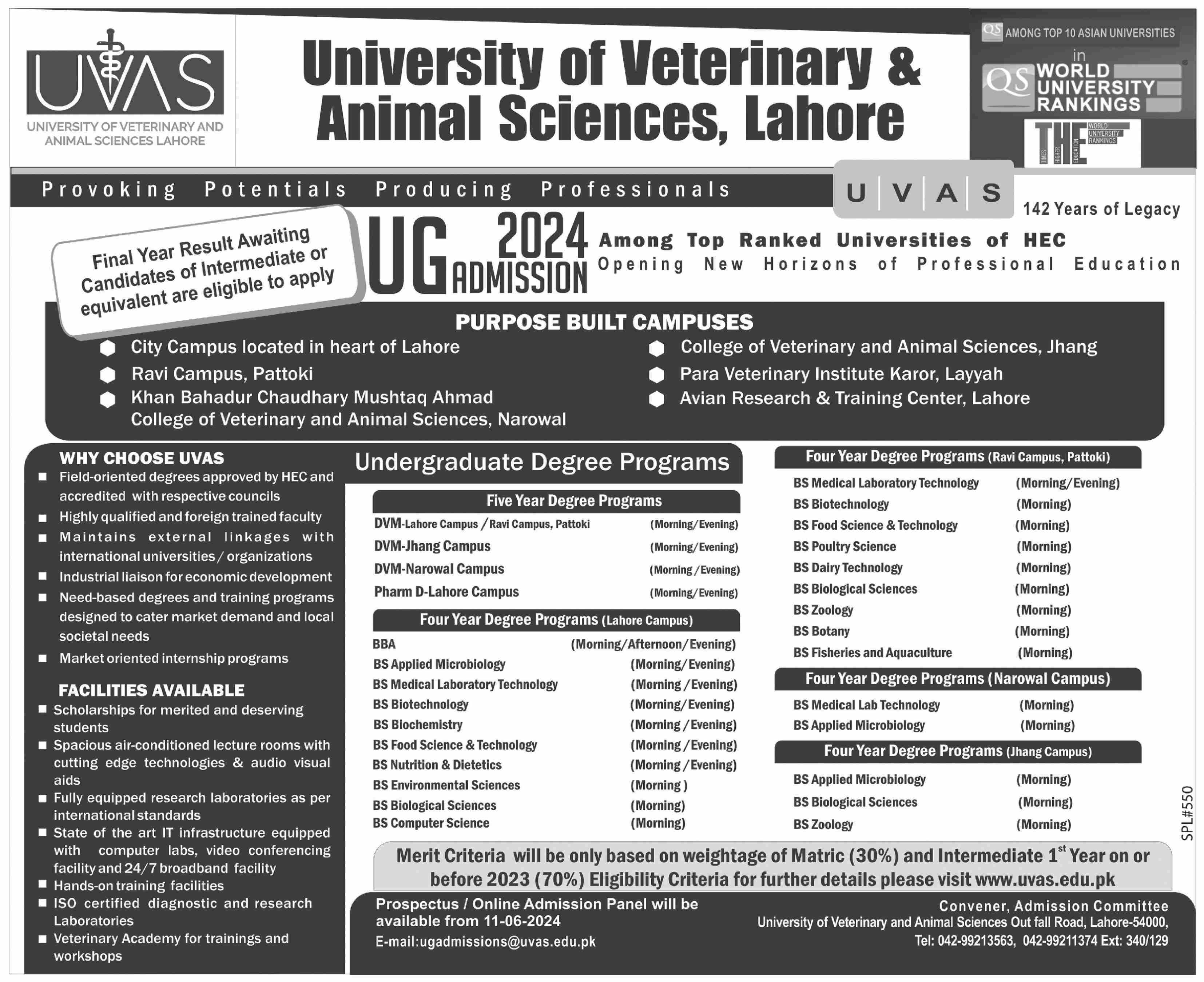 Admission University Of Veterinary And Animal Sciences UVAS – University of Veterinary and Animal Sciences Lahore Admissions 2024 — original advertisement