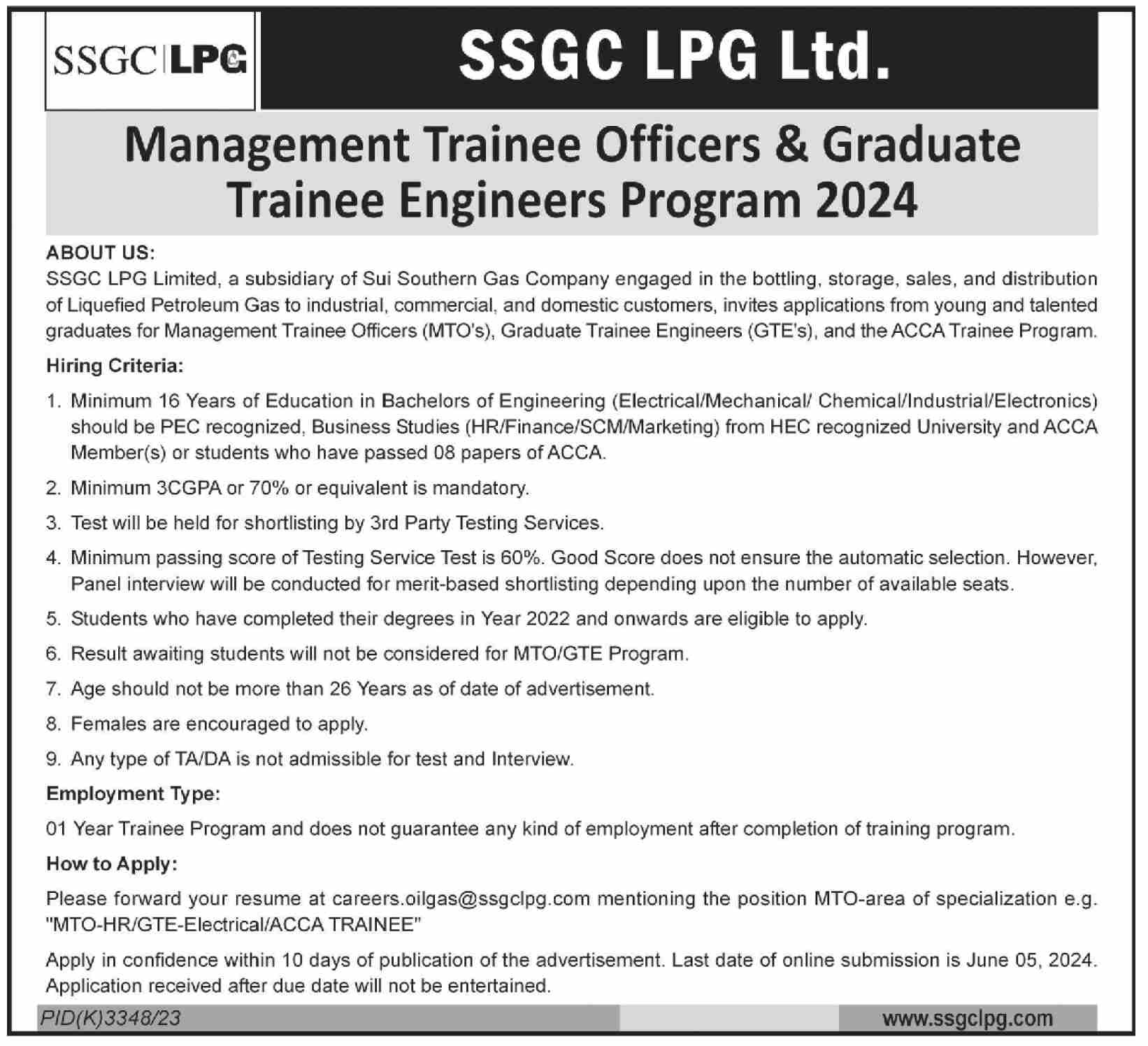 Training Program At SSGC LPG 2024 – Sui Southern Gas Company Limited Jobs 2024 — original advertisement