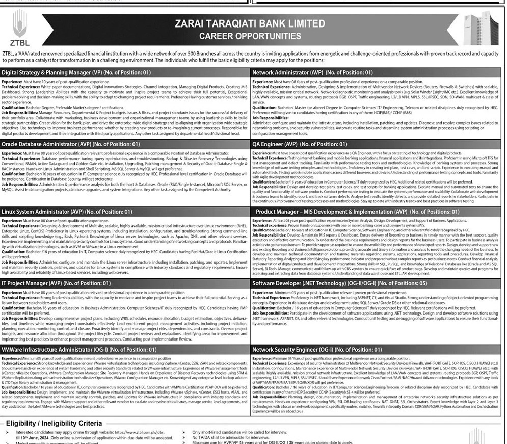 Zarai Taraqiati Bank Limited ZTBL Jobs 2024 Jobs 2024 — original advertisement