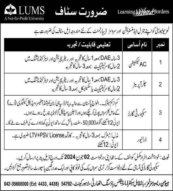 LUMS University Lahore Punjab Jobs 2024 – Lahore University of Management Sciences (LUMS) Lahore Jobs 2024 — original advertisement