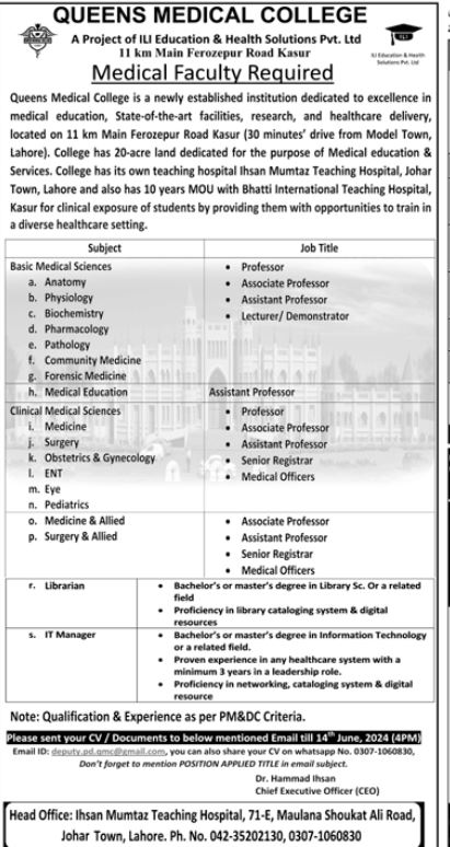 Queens Medical College Kasur Jobs 2024 – Queen Mary College, Lahore Jobs 2024 — original advertisement