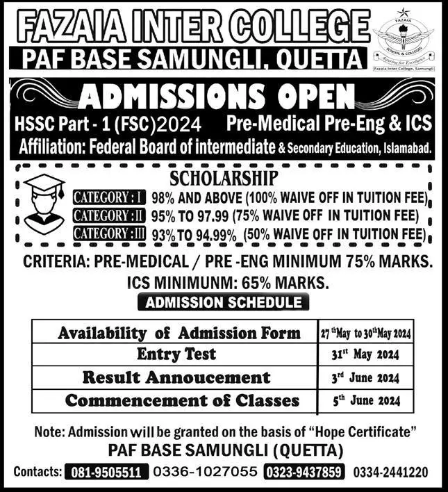 Admission Fazaia inter College Paf Base Samungli Road Quetta – Fazaia Schools & Colleges Admissions 2024 — original advertisement