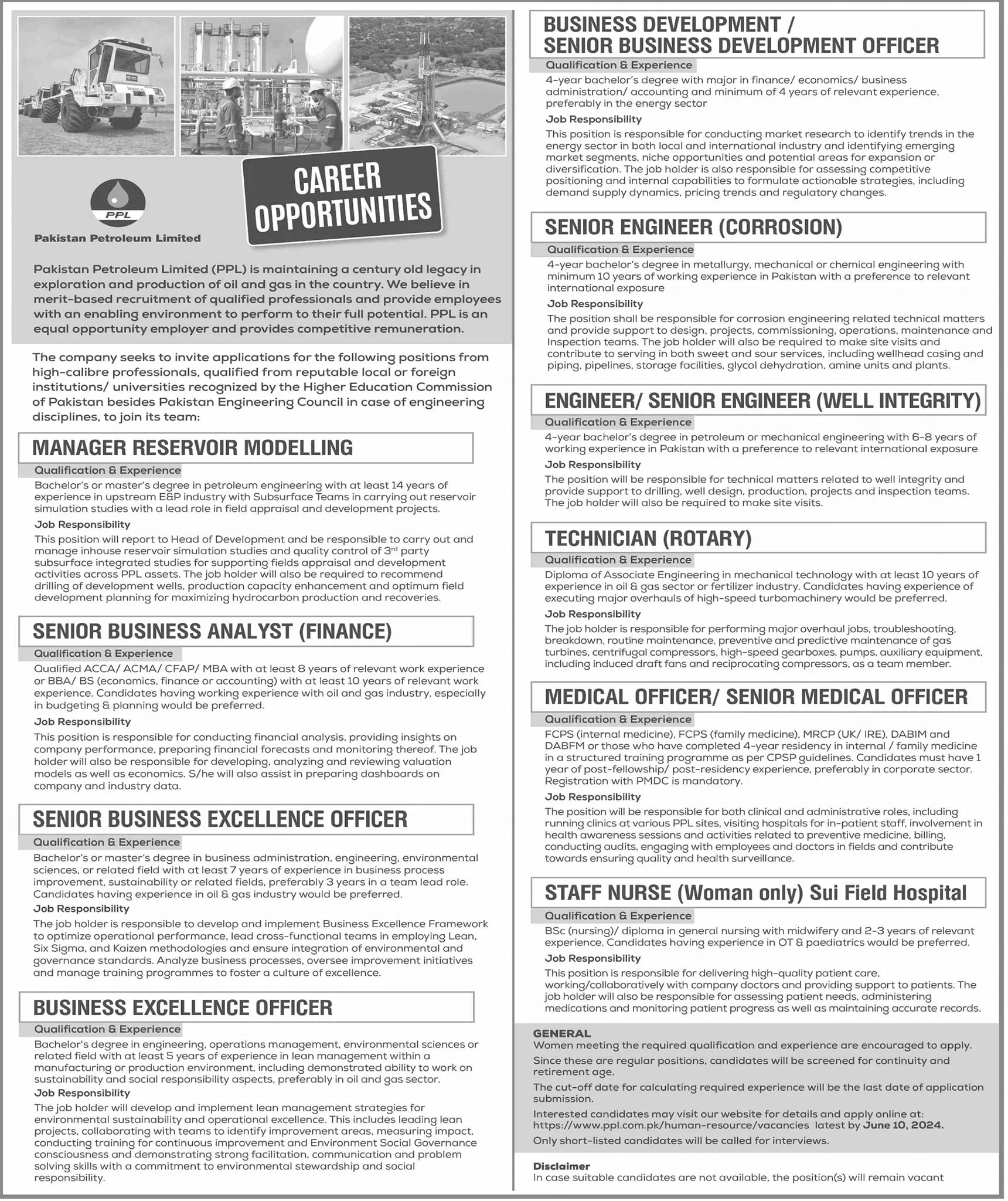 Pakistan Petroleum Limited PPL Karachi Jobs 2024 – Pakistan Petroleum Limited (PPL) Jobs 2024 — original advertisement