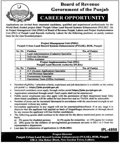 Board Of Revenue Lahore Punjab Jobs 2024 – Revenue Department Punjab Jobs 2024 — original advertisement