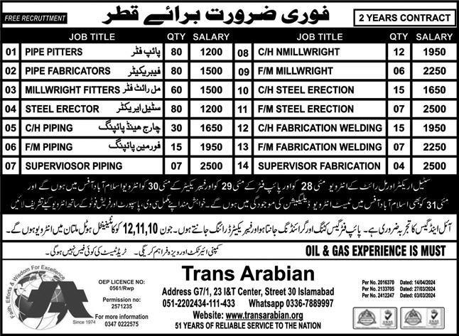 Pipe Fitter And Charge Hand Steel Erection Jobs In Qatar – Trans Arabian Travel & Trade Jobs 2024 — original advertisement