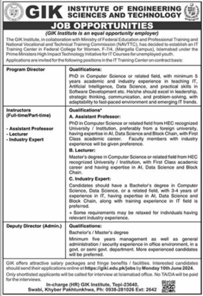 Ghulam Ishaq Khan Institute of Engineering science Swabi Job – Ghulam Ishaq Khan GIK Institute of Engineering Sciences and Technology Swabi Jobs 2024 — original advertisement