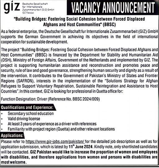 Giz Balochistan Jobs 2024 – GIZ Deutsche Gesellschaft für Internationale Zusammenarbeit (GIZ) GmbH Jobs 2024 — original advertisement
