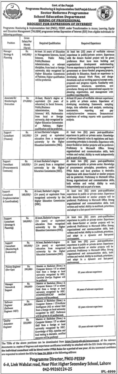 School Education Department  Lahore Jobs 2024 – School Education Department Punjab Jobs 2024 — original advertisement