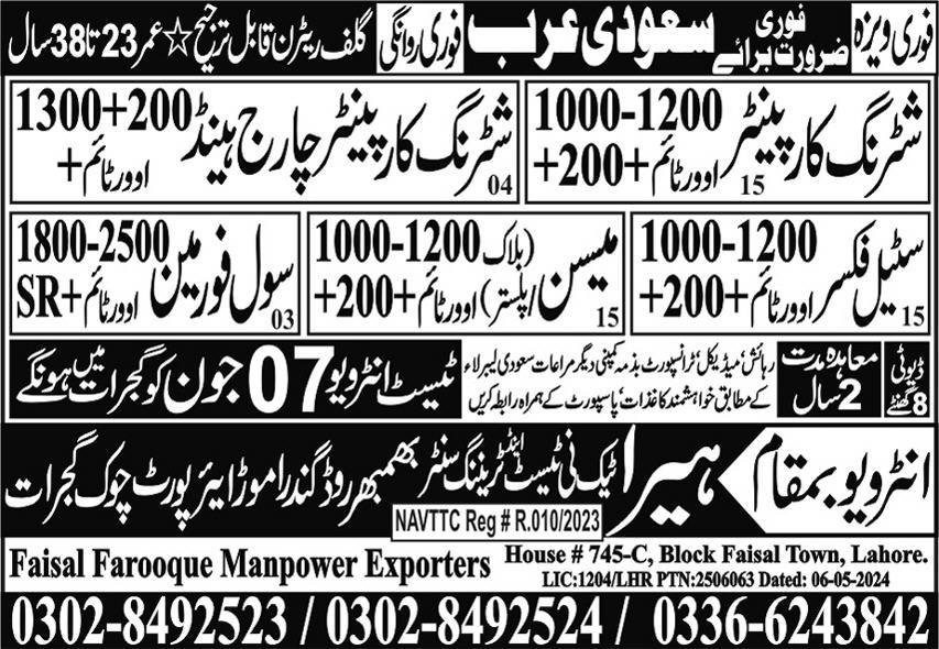 Shuttering Carpenter Chargehand & Civil Foreman Jobs 2024 – Heera Tech Ni Test & Training Center Human Resource Jobs 2024 — original advertisement