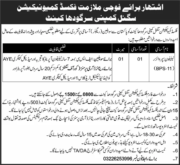 Fixed Communication Signal Company Sargodha Cantt Jobs 2024 – Pak Army Fixed Communication Signal Company Jobs 2024 — original advertisement