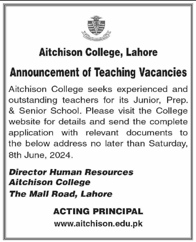Aitchison College Lahore Punjab Jobs 2024 Jobs 2024 — original advertisement
