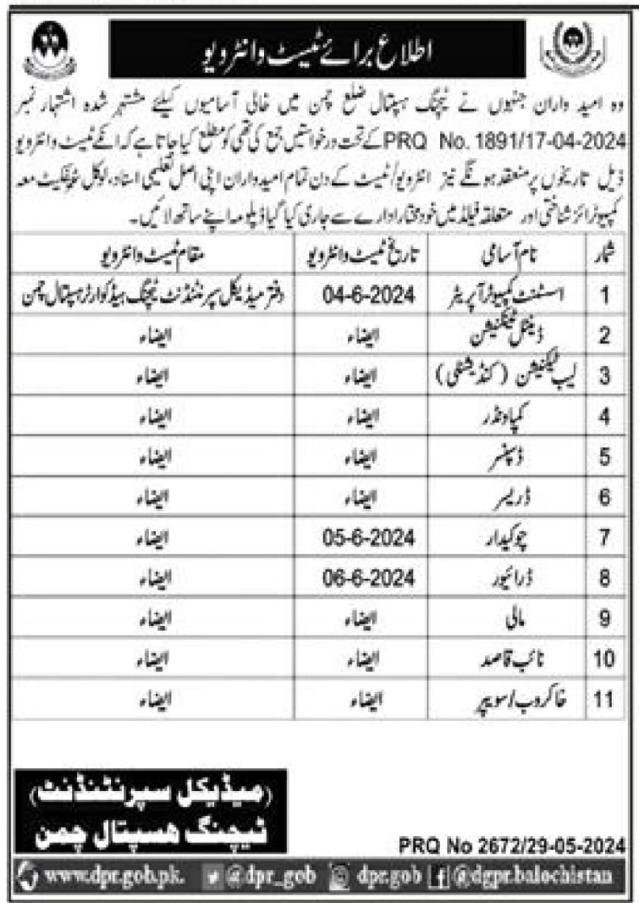 Test Interviews in Teaching Hospital District Chaman 2024 – Health Department Balochsitan Jobs 2024 — original advertisement