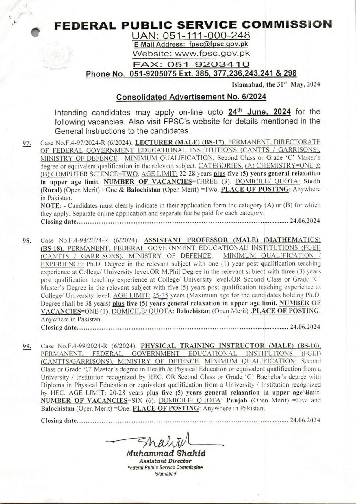 Federal Public Service Commission Jobs 06/2024 Jobs 2024 — original advertisement