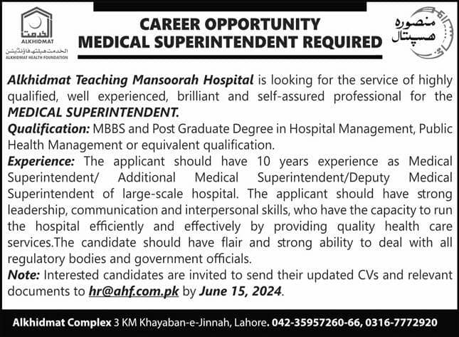 Al khidmat Teaching Mansoorah hospital Jobs 2024 – Alkhidmat Jobs 2024 — original advertisement