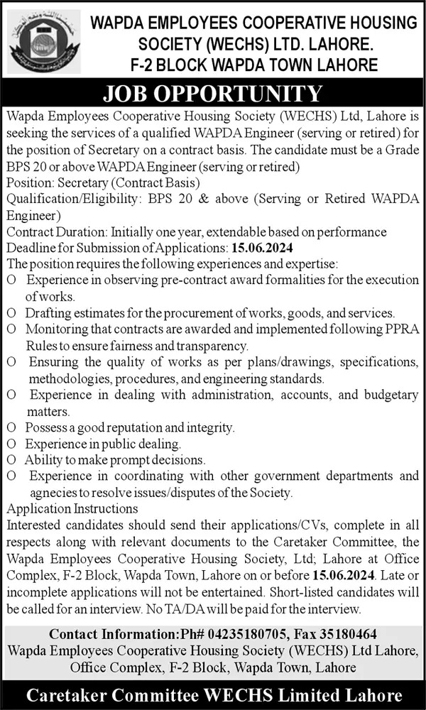 Wapda Employees Cooperative Housing Society WECHS Jobs 2024 – Water and Power Development Authority Jobs 2024 — original advertisement