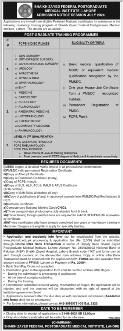 Admission Open in Shaikh Zayed Postgraduate Medical Institut – Sheikh Zayed Public School SZPS Admissions 2024 — original advertisement
