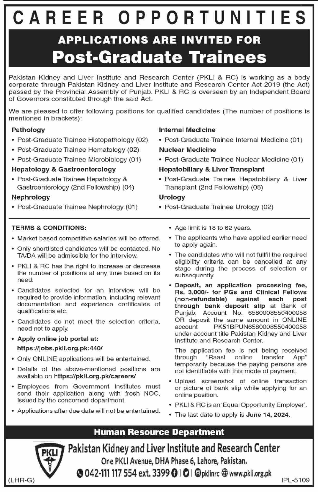 Pakistan Kidney And Liver Institute And Research Centre Jobs – Pakistan Kidney And Liver Institute (PKLI) And Research Centre Lahore Jobs 2024 — original advertisement