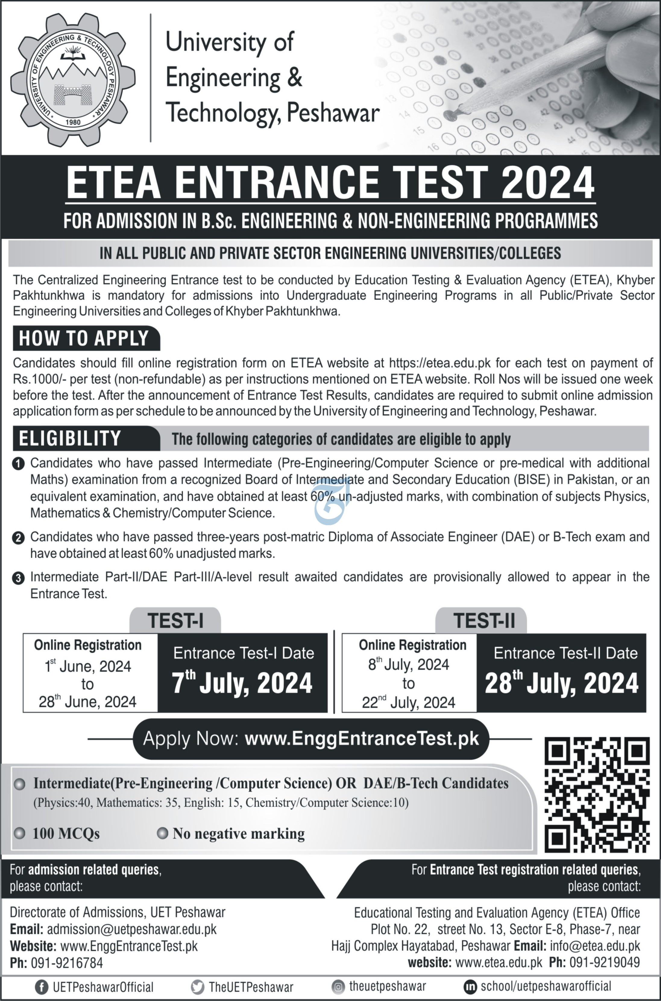 Admission Open in University of Engineering And Technology – University of Engineering and Technology Peshawar Admissions 2024 — original advertisement