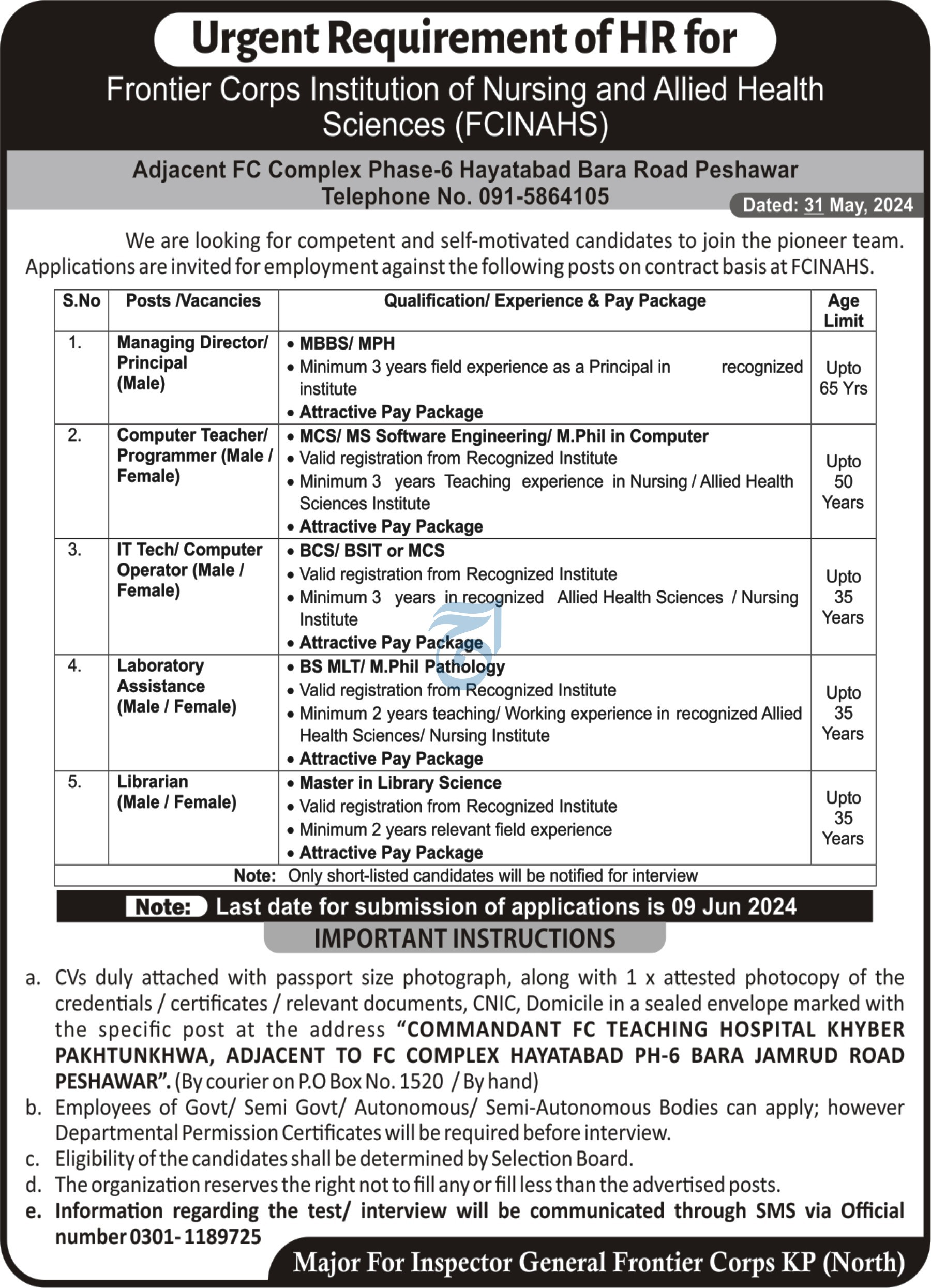 Frontier Corps Institution Of Nursing Jobs 2024 – Frontier Corps Kpk Jobs 2024 — original advertisement