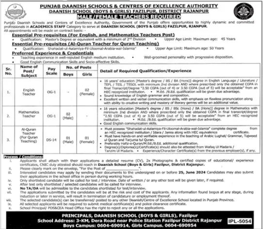 Punjab daanish schools & center of excellence authority Jobs Jobs 2024 — original advertisement