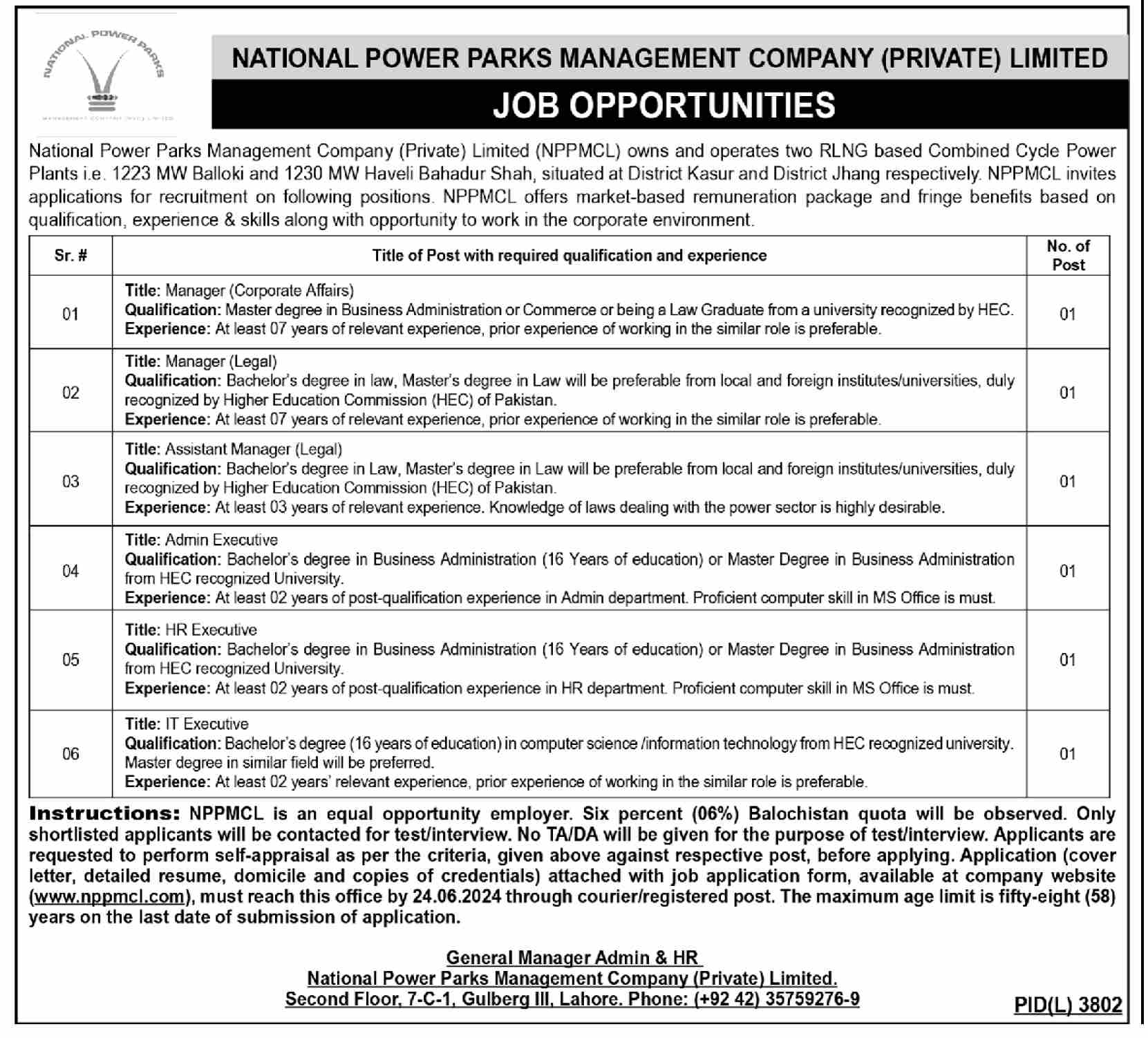 National power Parks Management Company Limited Jobs 2024 – National Power Park Management Pvt Ltd Jobs 2024 — original advertisement