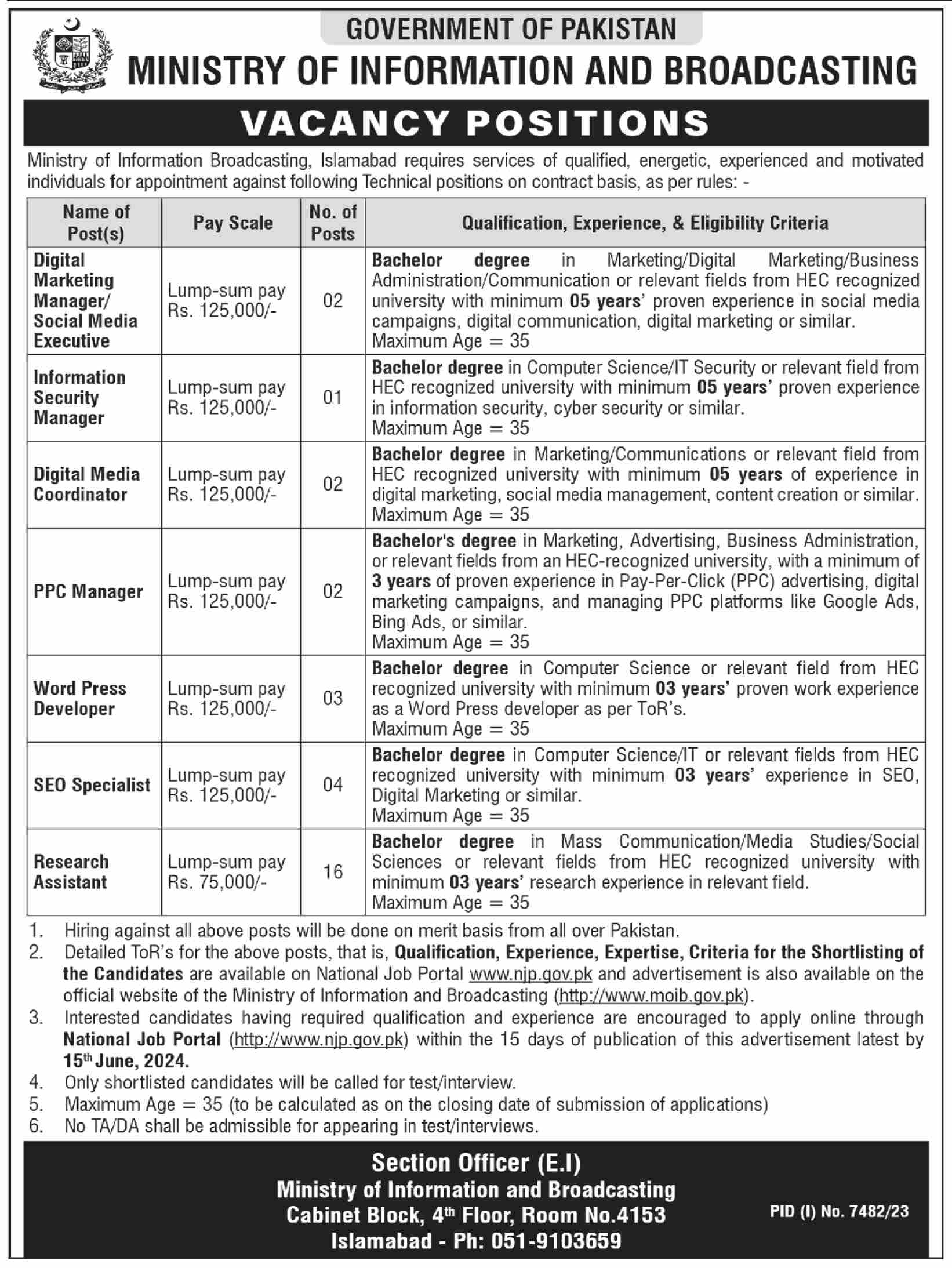 Ministry of Information and Boardcasting Islamabad Jobs 2024 – Ministry of Information & Broadcasting Pakistan Jobs 2024 — original advertisement