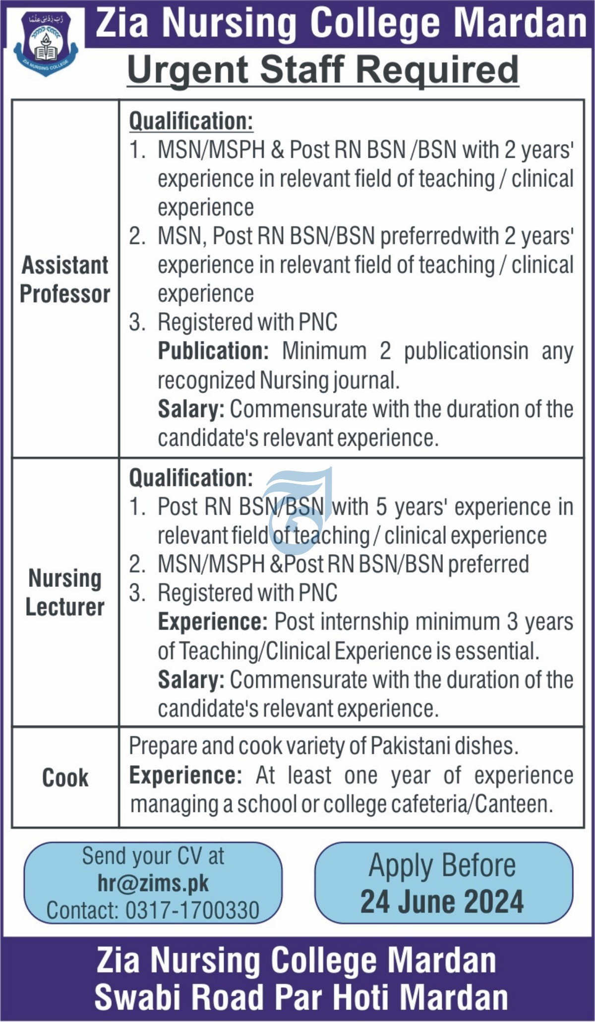 Zia NursinG College Mardan Khyber Pakhtunkhwa Jobs 2024 Jobs 2024 — original advertisement