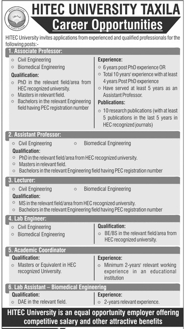Hitch University Taxila Punjab Jobs 2024 – HITEC University Taxila Jobs 2024 — original advertisement