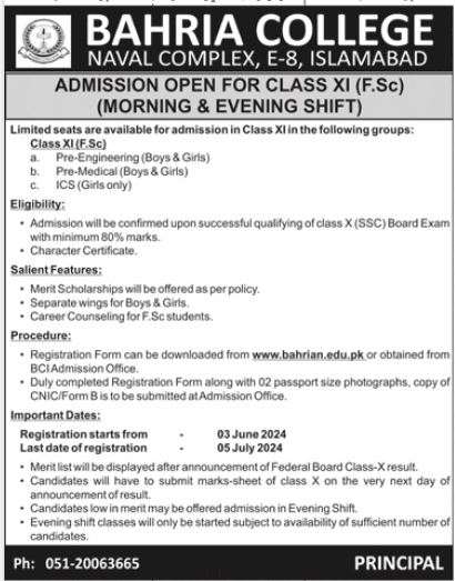 Admission Open in Bahria College Naval Complex Islamabad – Bahria college karsaz Admissions 2024 — original advertisement