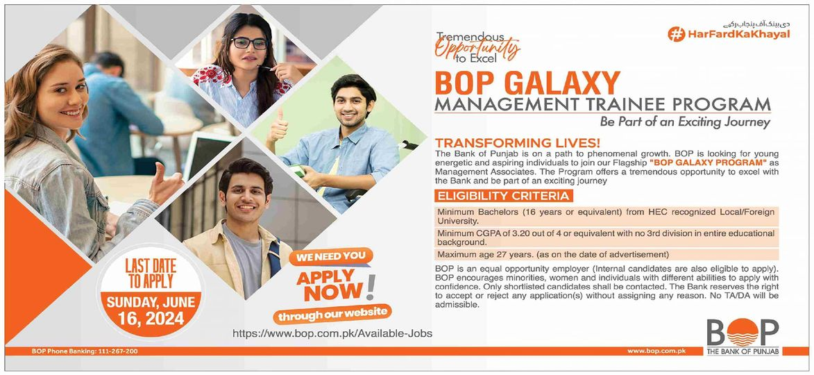 BOP Galaxy Management Trainee Program 2024 – Bank of Punjab Jobs 2024 — original advertisement