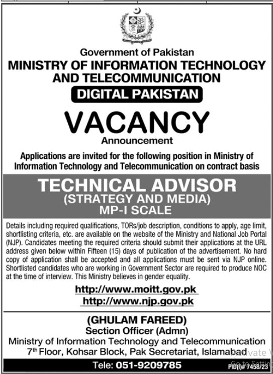 Ministry Of IT And Telecom Jobs 2024 – Ministry of Information Technology and Telecommunication Jobs 2024 — original advertisement