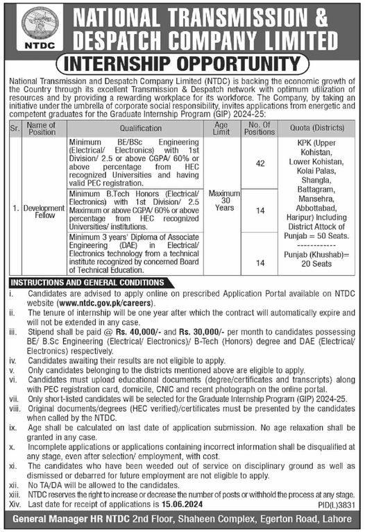 Internship in National Transmission & Despatch Company NTDC Jobs 2024 — original advertisement