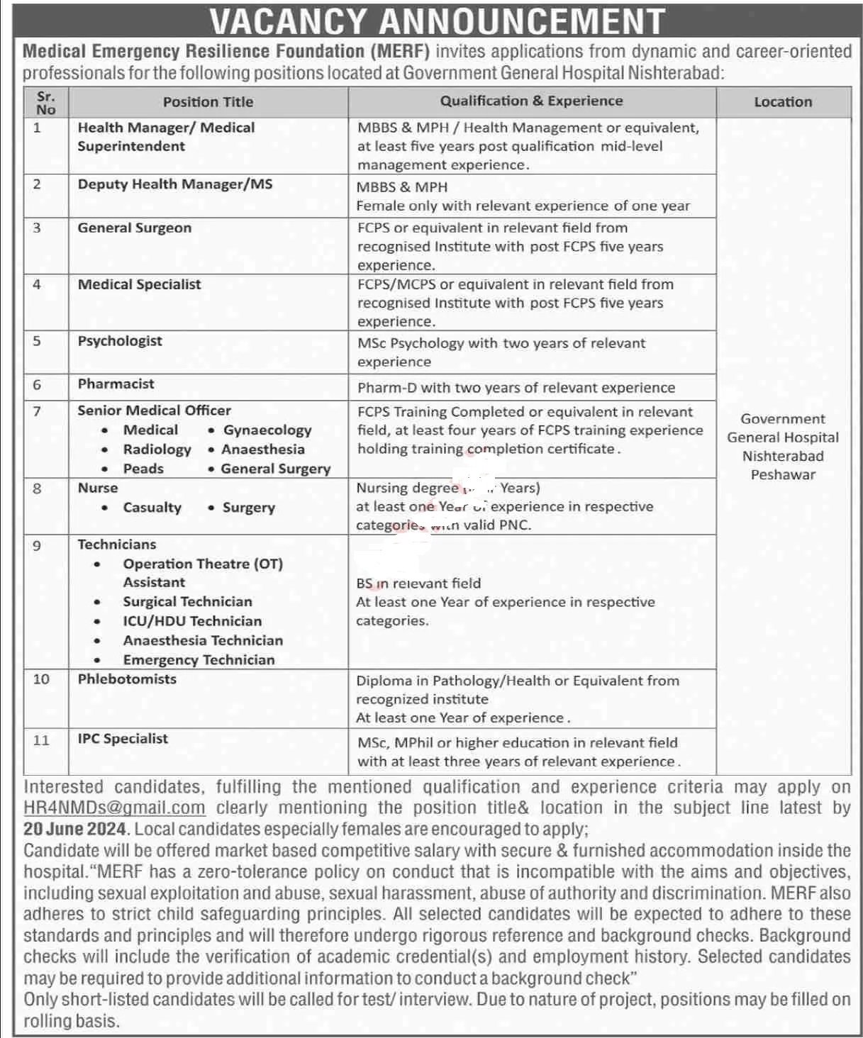 Medical Emergency Resilience Foundation Peshawar Jobs 2024 – Medical Emergency Resilience Foundation (MERF) Pakistan Jobs 2024 — original advertisement