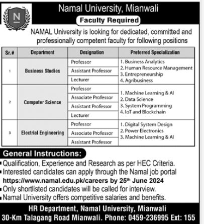 Namal University Mianwali Jobs 2024 Jobs 2024 — original advertisement