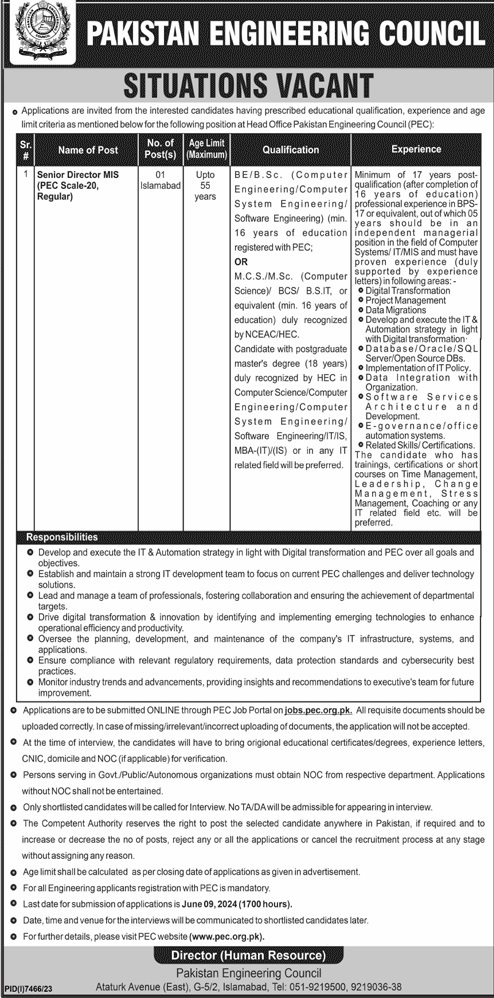 Pakistan Engineering Council Islamabad Jobs 2024 – Pakistan Engineering Council (PEC) Jobs 2024 — original advertisement