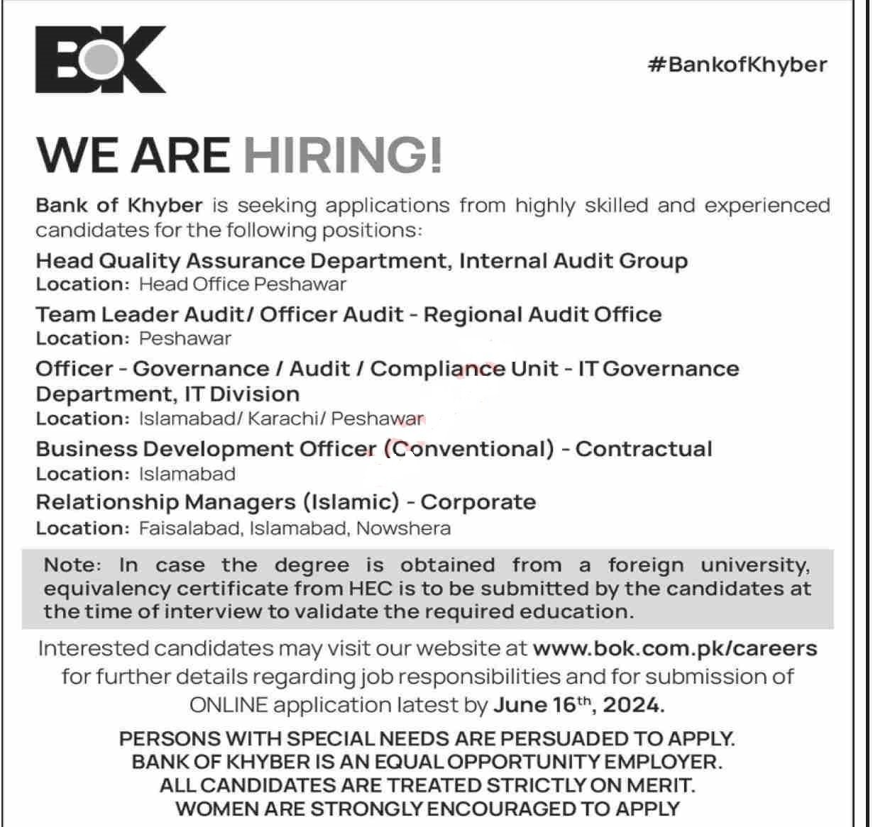 The Bank of Khyber BOK Peshawar Jobs 2024 Jobs 2024 — original advertisement