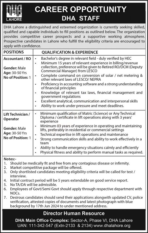 Defence Housing Authority DHA Lahore Jobs 2024 Jobs 2024 — original advertisement