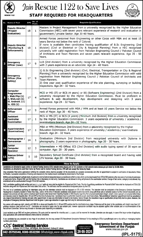 Punjab Emergency Service Rescue 1122 Lahore Jobs 2024 Jobs 2024 — original advertisement