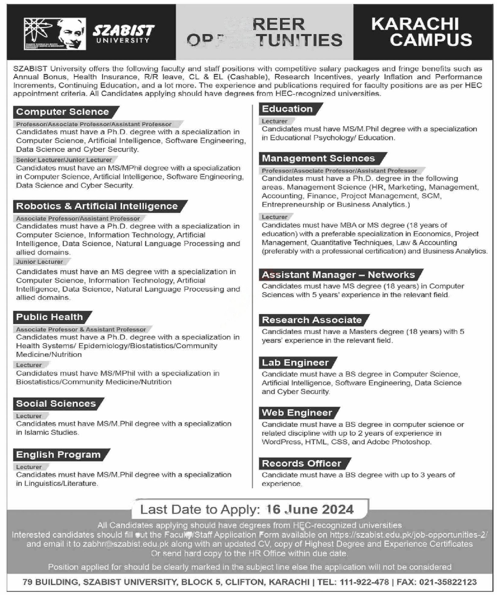 Zulfiqar Ali Bhutto Institute Of Technology Karachi Job 2024 – Shaheed Zulfiqar Ali Bhutto Medical University Islamabad Jobs 2024 — original advertisement