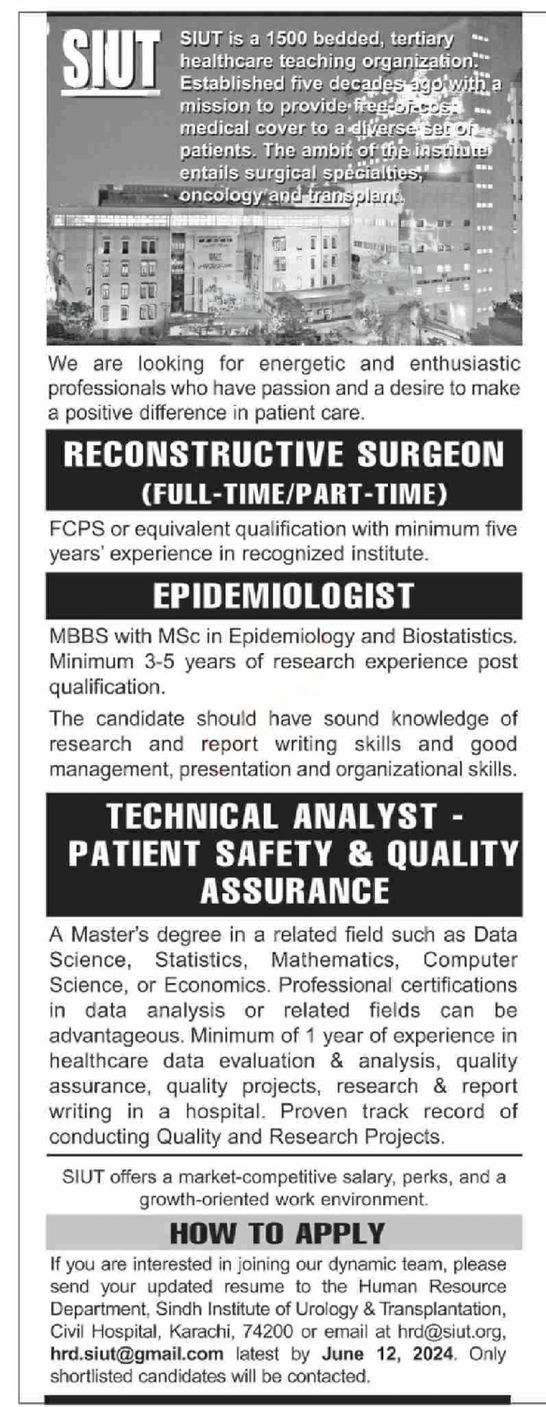 Sindh Institute Of Urology SIUT Jobs 2024 – Sindh Institute of Urology and Transplantation SIUT Karachi Jobs 2024 — original advertisement