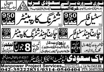 Chargehand Steel Fixer & Steel Fixer Jobs 2024 – Pak Saudi Trade Test & Technical Training Center Jobs 2024 — original advertisement