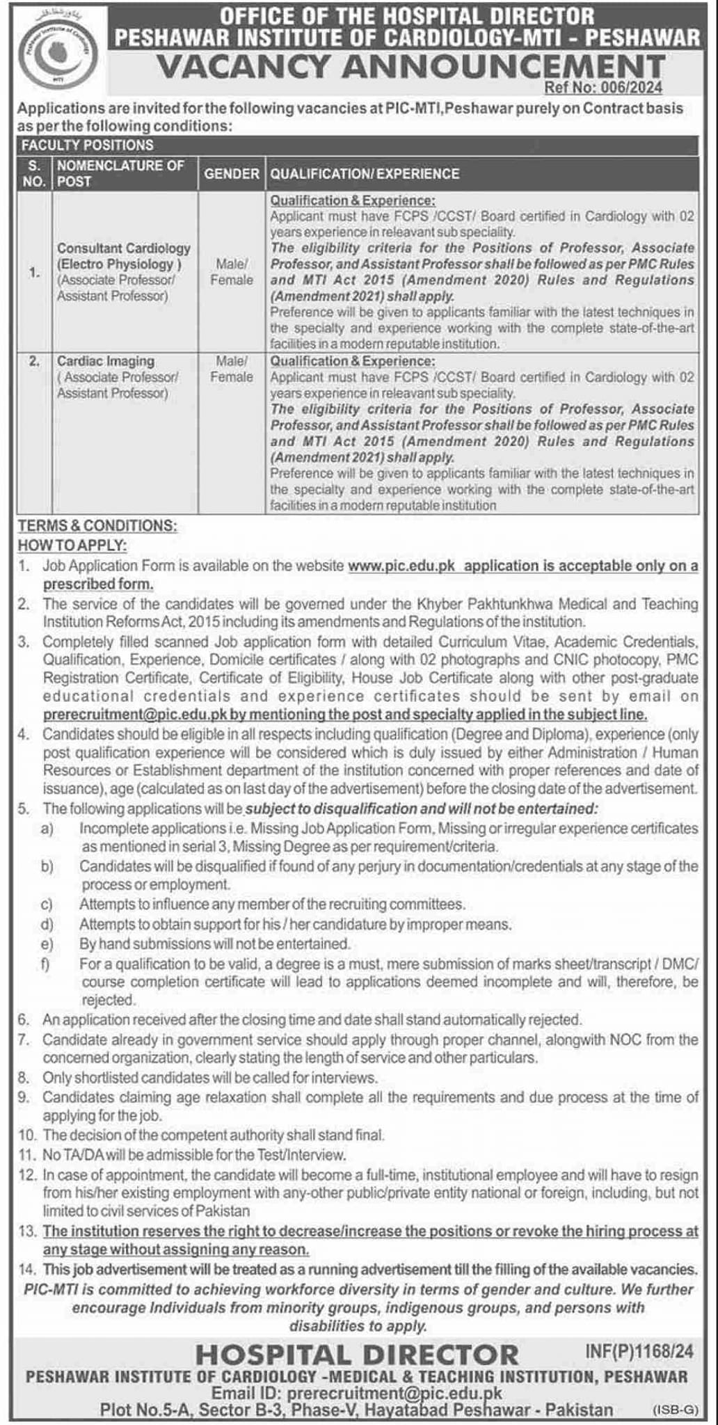 Peshawar Institute Of Cardiology PIC Jobs 2024 Jobs 2024 — original advertisement