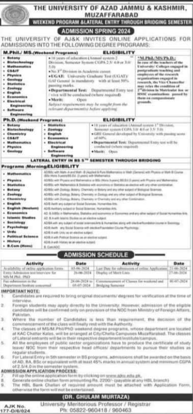 Admissions Open in University of Azad Jammu Kashmir 2024 – University of Azad Jammu & Kashmir Admissions 2024 — original advertisement