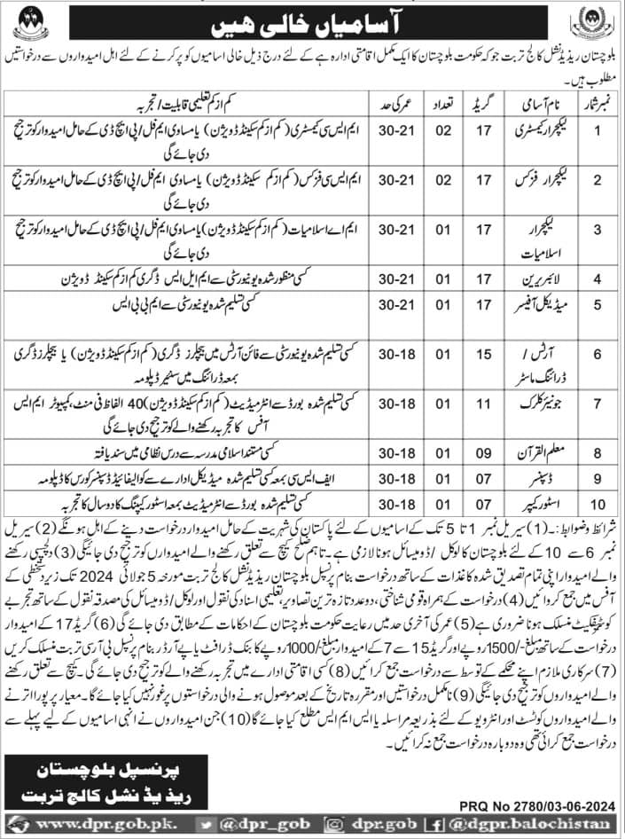 Balochistan Residential College Turbat Jobs 2024 Jobs 2024 — original advertisement