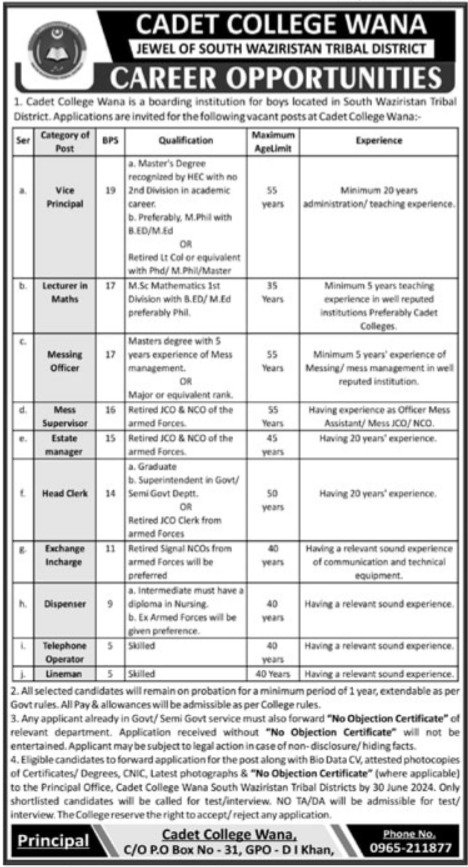 Cadet College Wana Khyber Pakhtunkhwa Jobs 2024 Jobs 2024 — original advertisement