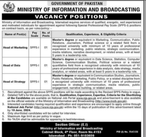 Ministry of Information and Broadcasting Islamabad Jobs 2024 – Ministry of Information & Broadcasting Pakistan Jobs 2024 — original advertisement